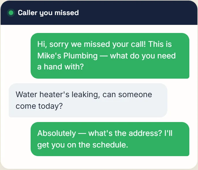 Call Catcher texting a missed caller back (illustrative screen)